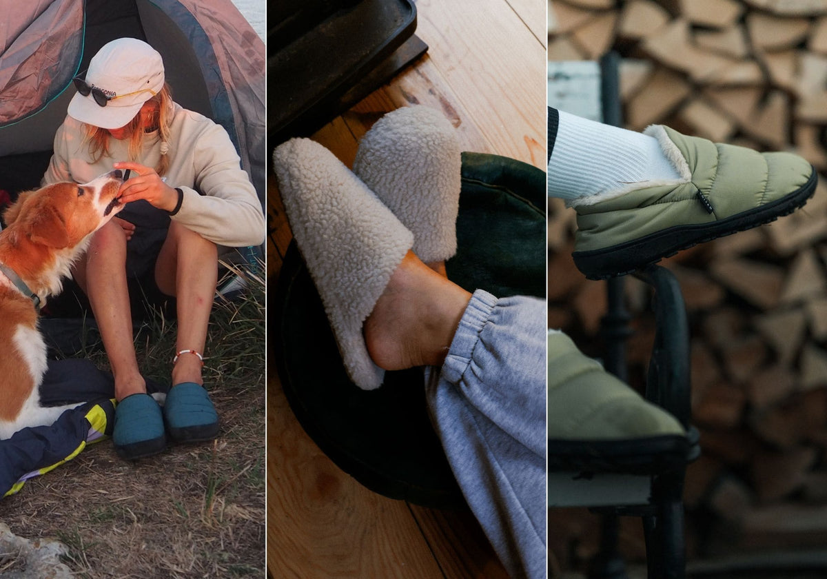 VOITED slippers in three settings: by a tent with a dog, on a wooden floor, and in front of stacked firewood.
