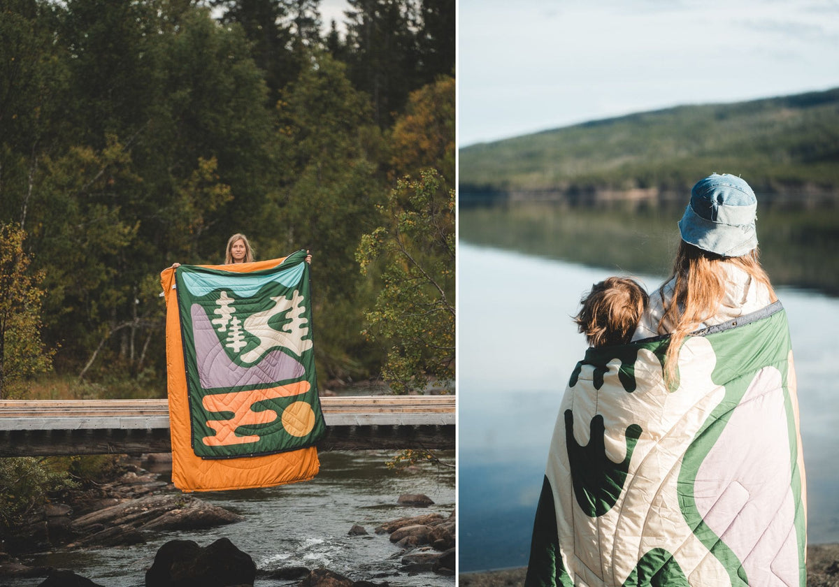 Woman holding up VOITED Cloudtouch blankets by a forest stream, and a woman and child wrapped in one by a lake.