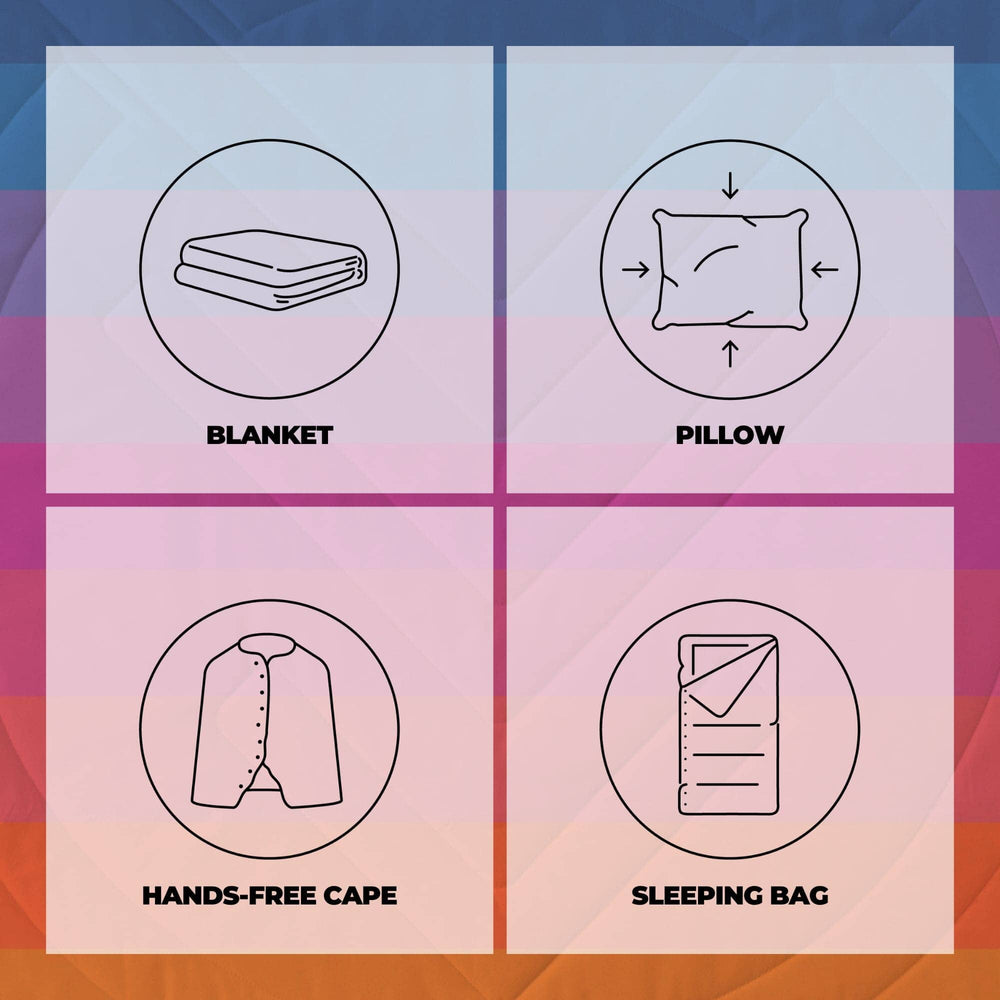 Illustrations of a blanket, pillow, hands-free cape, and sleeping bag on a colorful geometric background.